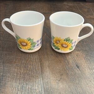 Corning Corelle Sunsations‎ Set 2 Coffee Mugs Cups Sunflowers Blue Gingham